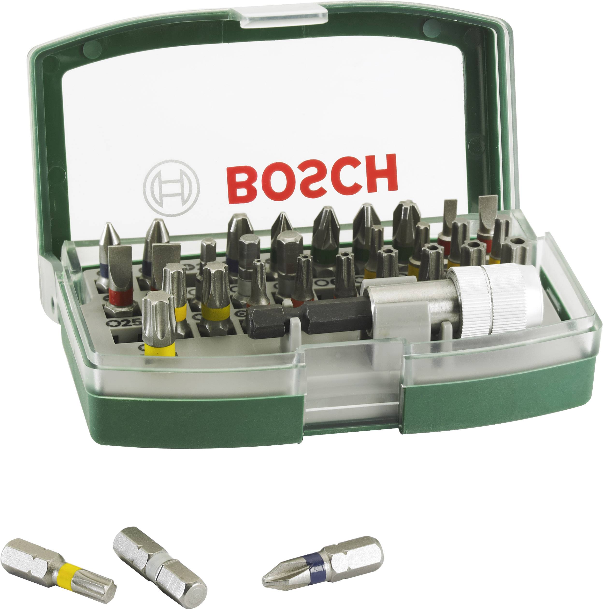 Une boîte verte ouverte contenant différents embouts de tournevis, comprenant des embouts cruciformes, à fente et hexagonaux. La marque 'BOSCH' est inscrite sur la boîte.