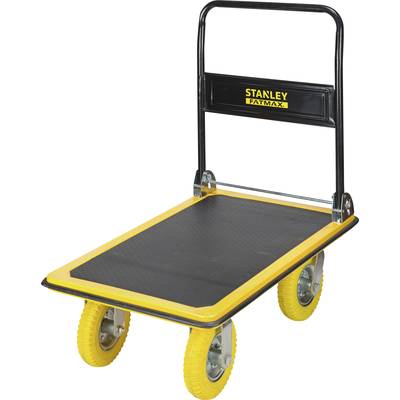 Chariot de transport noir et jaune avec quatre roues jaunes, adapté au transport d'objets lourds.