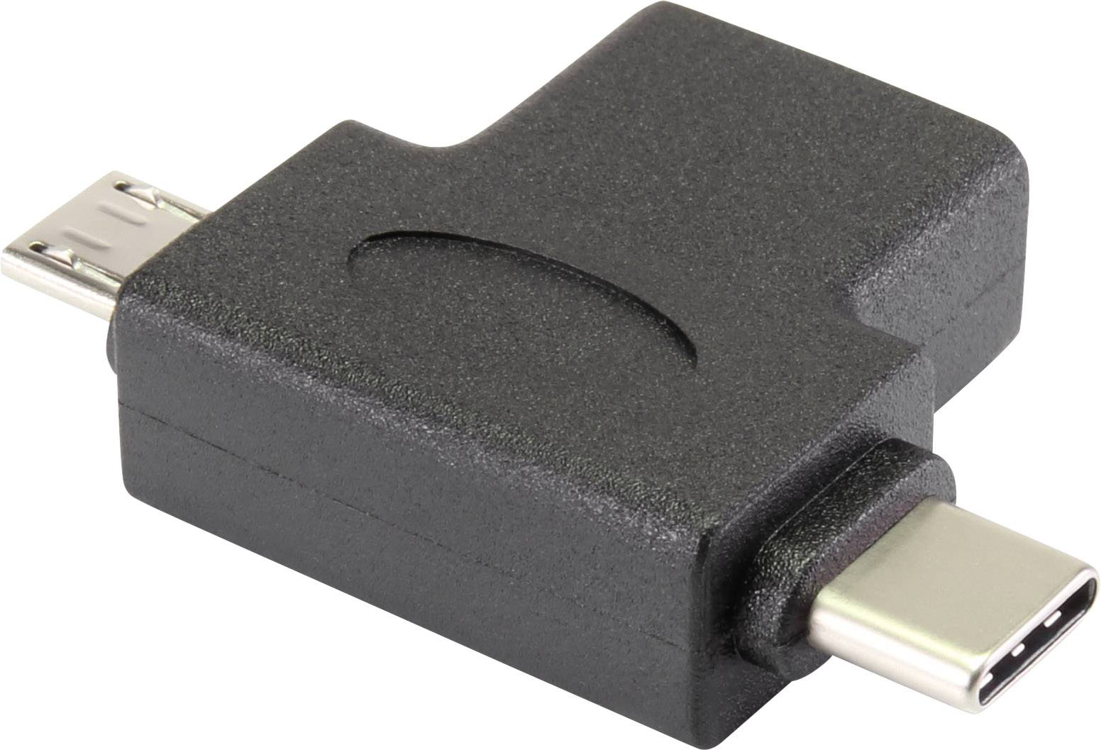 Un adaptateur noir avec un port USB-C sur le côté droit et un port Micro-USB sur le côté gauche.