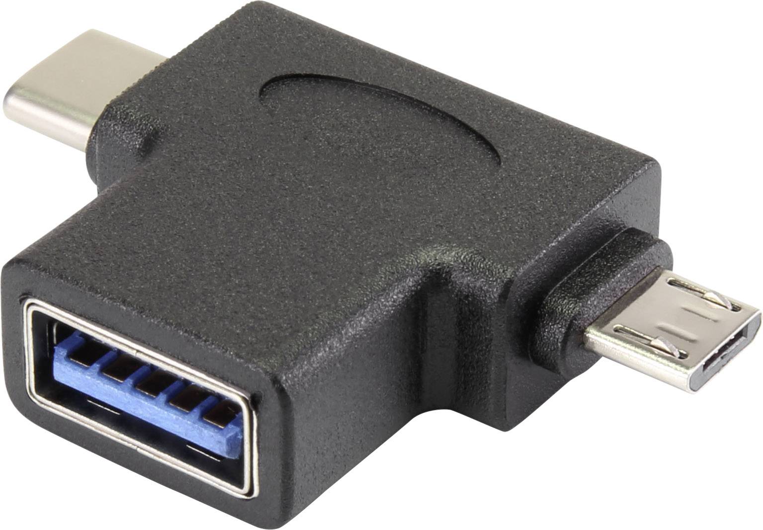 Un adaptateur USB noir avec trois ports : USB-A, USB-C et Micro-USB.