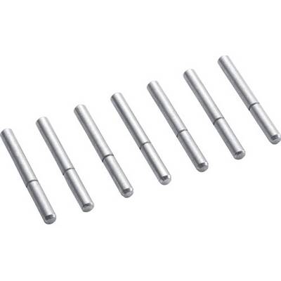 Sept stylos métalliques argentés disposés en ligne diagonale sur un fond blanc.