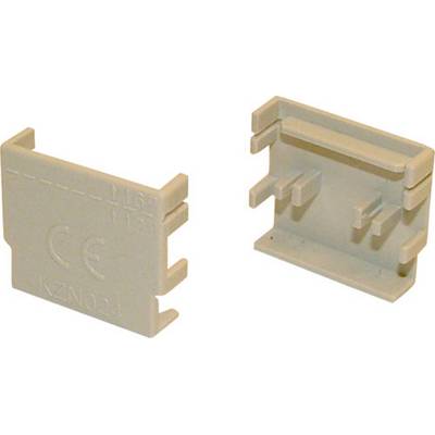 Deux couvercles rectangulaires en plastique gris, munis de fentes latérales et portant la marque 'CE', identifiables comme faisant partie d'un raccordement d'appareil.