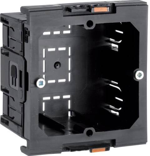 Cadre en plastique noir et gris pour une prise de courant ou un interrupteur, avec des trous de vis et des clips de fixation murale.