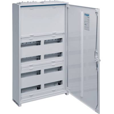 Un boîtier de distribution électrique blanc ouvert avec plusieurs rangées pour des fusibles ou des interrupteurs, sans éléments installés.