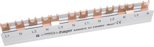 Rail de phase avec plusieurs contacts cuivre, désignés par 'L1', 'N', 'L2', 'N', 'L3', 'N'. Produit de Hager pour installations électriques.