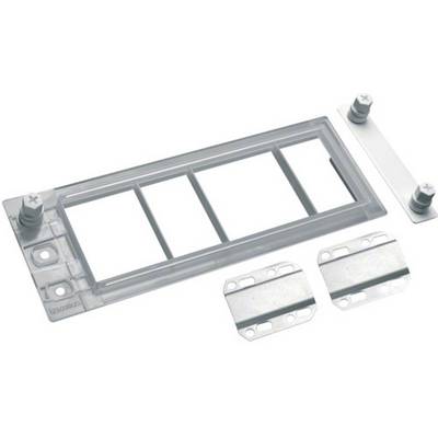 'Un cadre en plastique transparent rectangulaire avec quatre compartiments et deux plaques métalliques amovibles avec des vis de fixation.'
