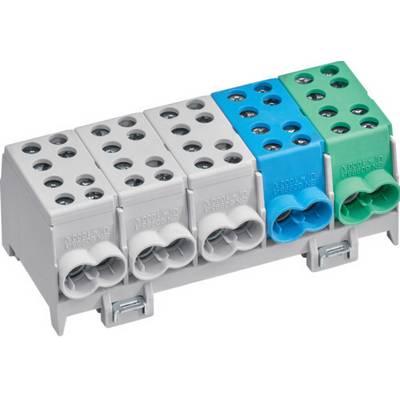 'Barrette de connexion multipolaire à quatre unités en gris, bleu et vert, pour le câblage de lignes électriques.'