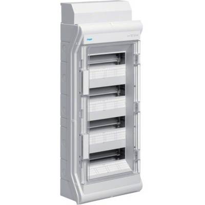 Un coffret électrique gris vertical avec quatre rangées de disjoncteurs, adapté à l'installation dans les bâtiments.