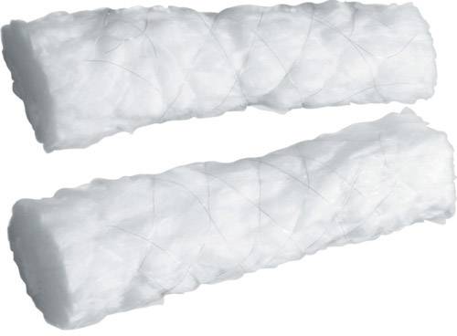Deux brins de matériau filtrant blancs, disposés côte à côte, en tissu non tissé synthétique, révèlent leur texture et leur densité.