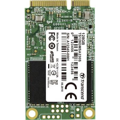 Carte mémoire avec logo Transcend, capacité de 128 Go, numéro de série 'A123456-0001'. Fabriquée à Taïwan, avec diverses spécifications techniques.