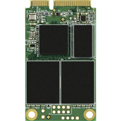 Une carte SSD mSATA verte avec des contacts dorés et plusieurs puces noires pour la mémoire et le contrôleur.