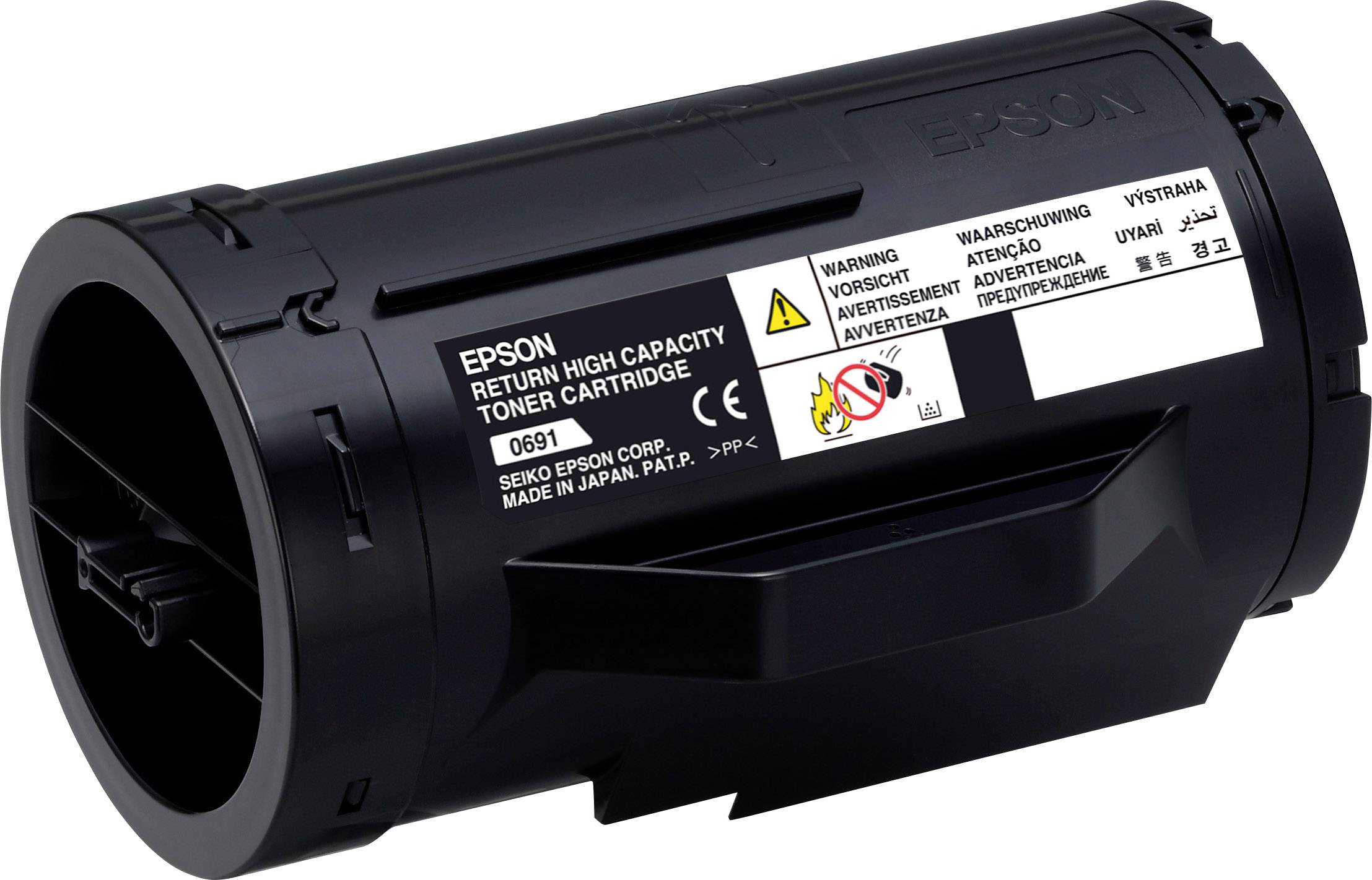 Cartouche de toner Epson avec avertissements et indication de capacité.