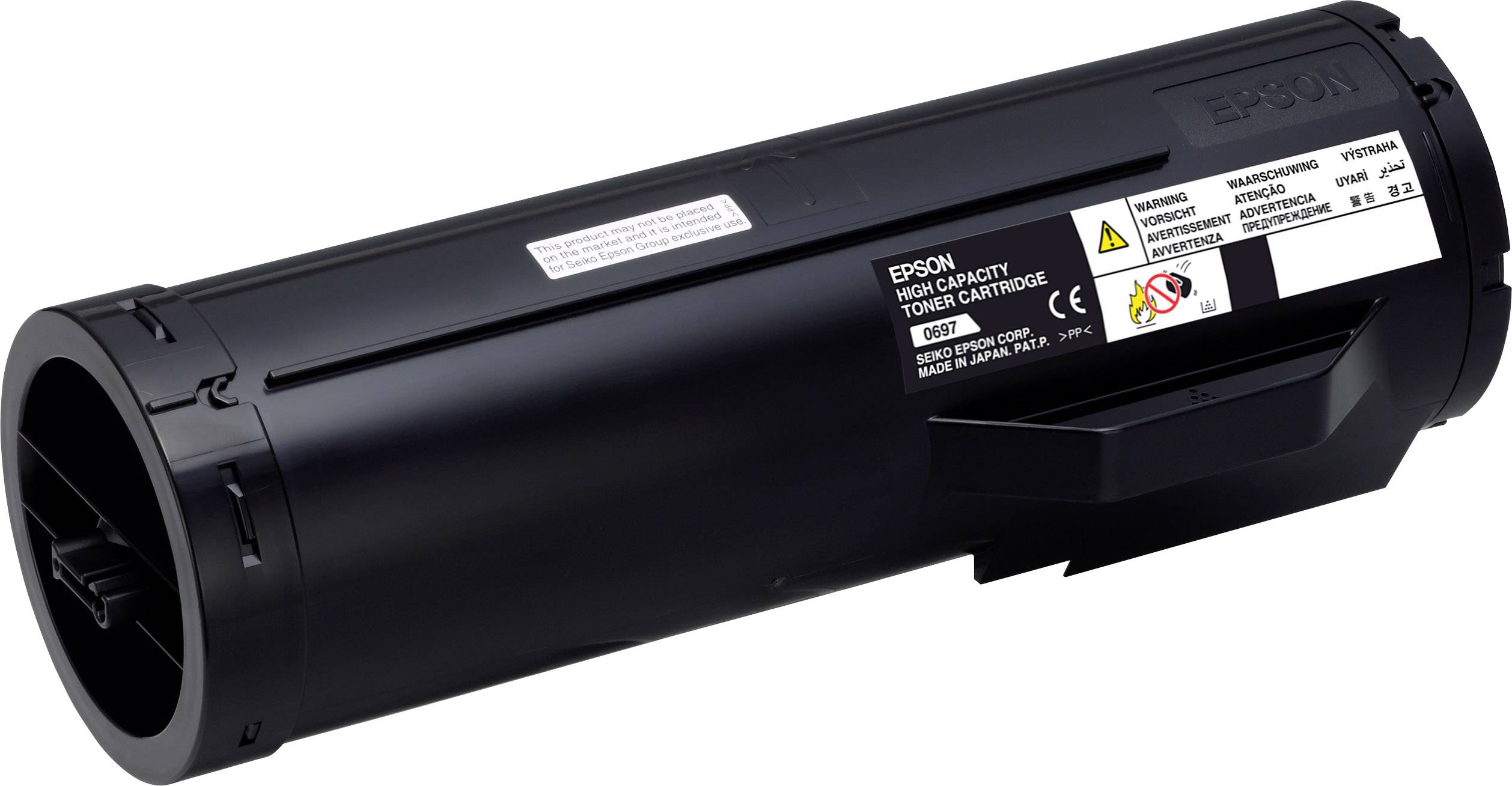 Cartouche de toner noir Epson avec étiquettes indiquant les informations de modèle et de sécurité. Forme cylindrique, adaptée aux imprimantes laser.