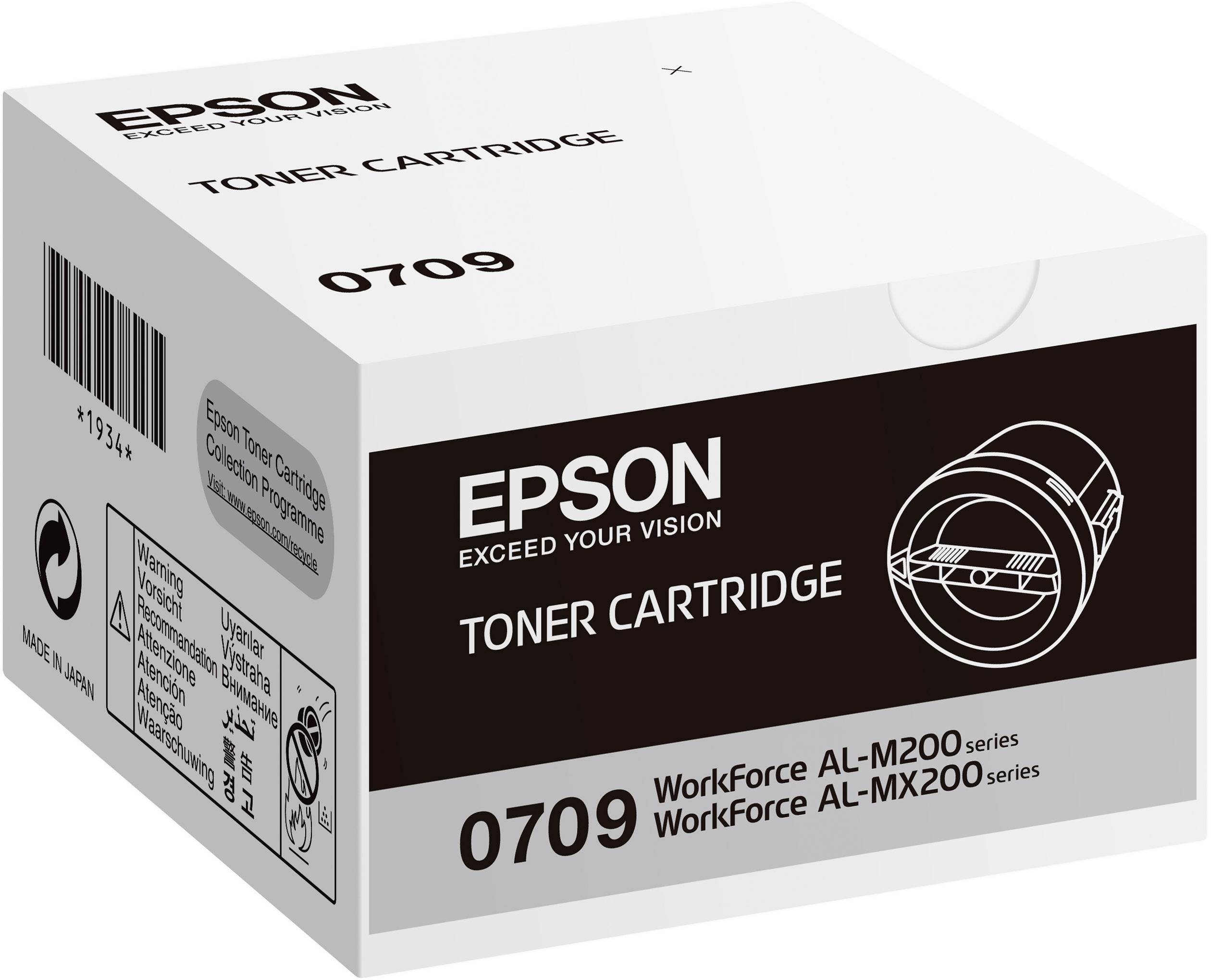 Boîte en carton d'une cartouche de toner Epson, modèle 0709, pour les séries WorkForce AL-200 et AL-MX200 ; principalement en blanc et gris.