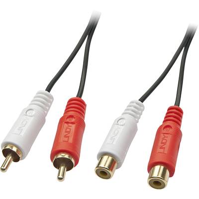 Deux câbles audio stéréo avec fiches rouge et blanc. À gauche, fiches mâles RCA, à droite, ports femelles. Utilisés pour les connexions audio.