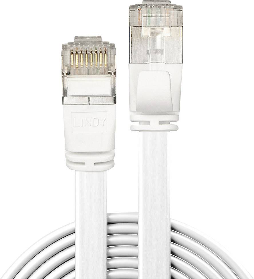Deux câbles Ethernet blancs avec des connecteurs RJ45 transparents aux extrémités, fabriqués par Lindy, sur un fond blanc.