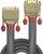 Deux câbles HDMI dorés avec un design rouge et noir de la marque 'LINDY', enroulés et prêts à connecter des appareils.