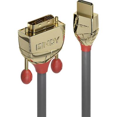 Deux fiches dorées avec un détail rouge : à gauche une fiche DVI, à droite une fiche HDMI, toutes deux de la marque Lindy, reliées par un câble gris.