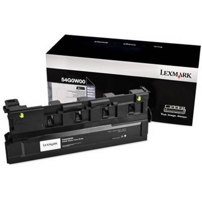 Cartouche de toner Lexmark et son emballage. La cartouche est noire avec des détails verts. Sur l'emballage, on peut lire 'Lexmark' et le modèle '54G0W00'.