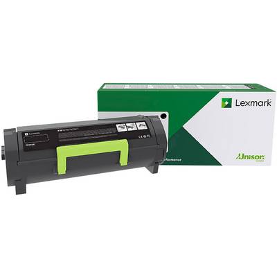Cartouche de toner devant un emballage portant le logo Lexmark, adaptée aux imprimantes de la marque Lexmark.