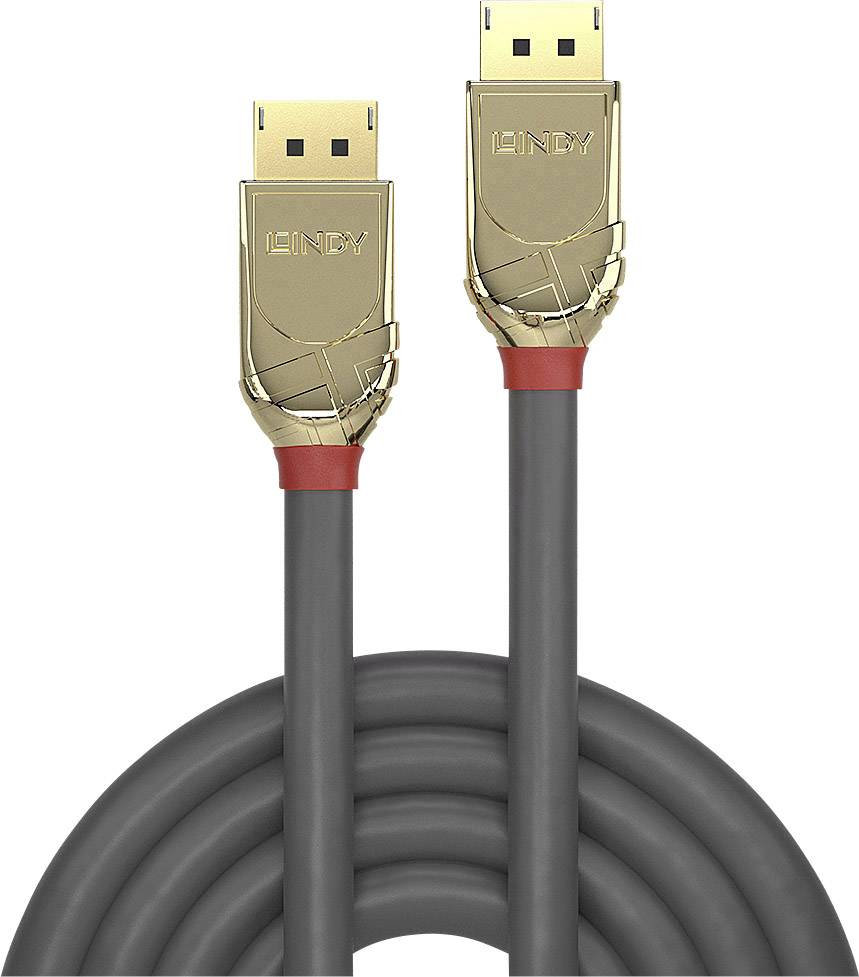 Un câble DisplayPort noir avec des connecteurs dorés et un détail rouge. Marquage 'LINDY' sur les connecteurs.