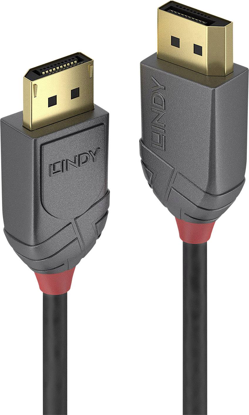 Câble HDMI gris avec des accents rouges et logo 'Lindy' sur les connecteurs ; pour la connexion de sources audio et vidéo.