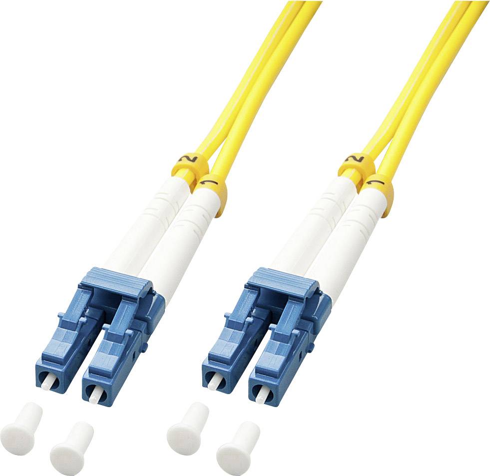 Deux câbles à fibre optique jaunes munis de connecteurs bleus et de capuchons de protection blancs.