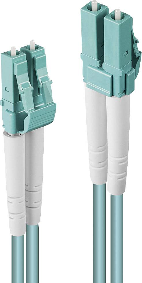 Deux câbles à fibre optique turquoise avec des connecteurs LC, positionnés côte à côte.