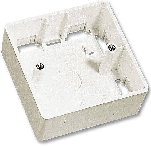 Boîte de dérivation encastrable vide en plastique blanc, carrée, avec trous de vis et supports pour la fixation de composants électriques.