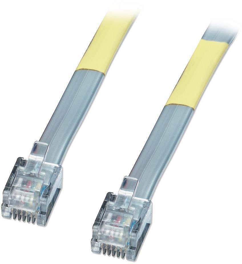 Deux fiches RJ11 transparentes connectées par un câble téléphonique jaune et gris, utilisées pour les raccordements téléphoniques ou les connexions de modem.