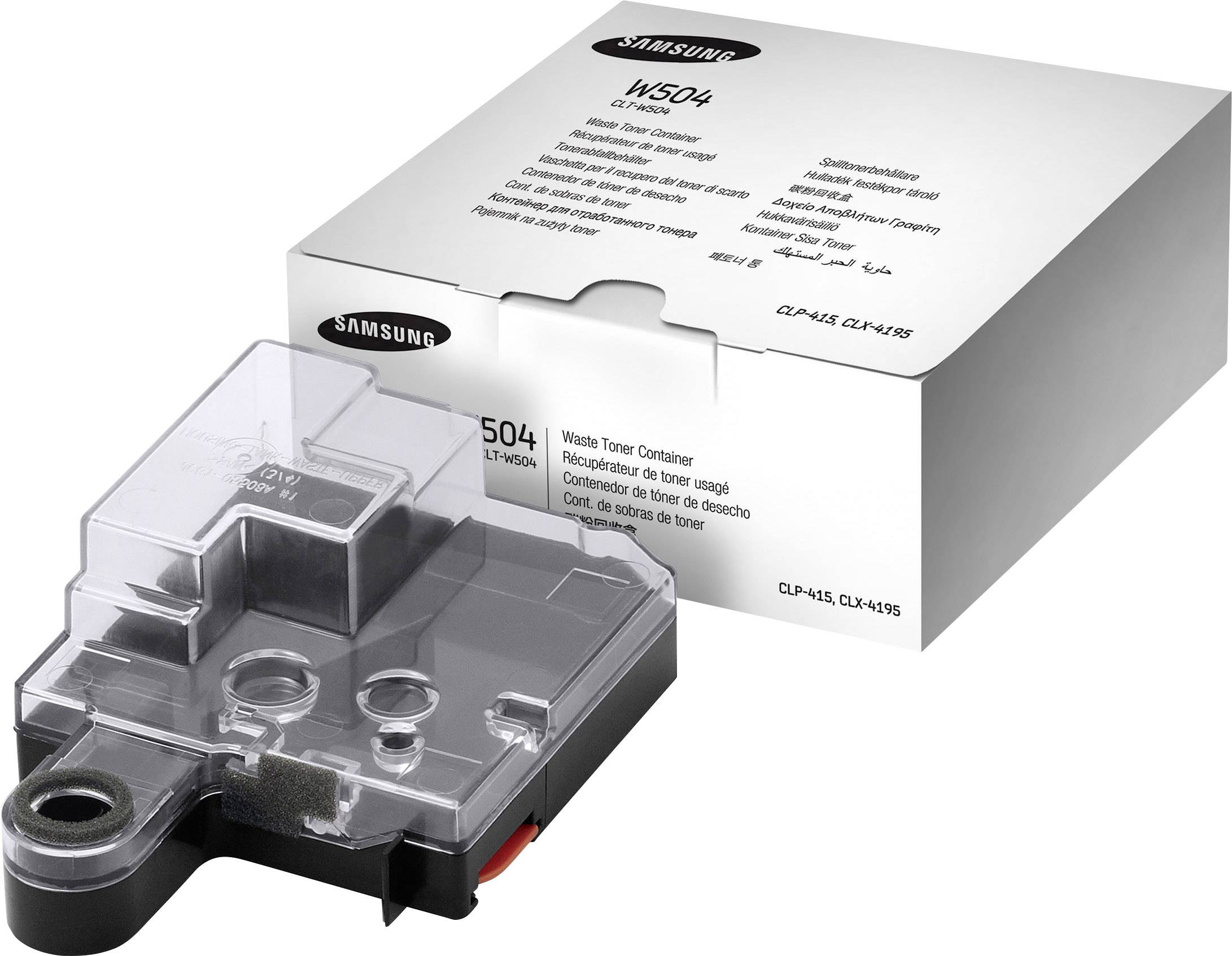 Une boîte noire portant l'inscription « W504 Samsung Waste Toner Container » est posée à côté d'un récipient de toner transparent.