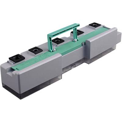 Une mallette à outils rectangulaire grise avec une poignée verte, adaptée au transport et au rangement des outils et accessoires.