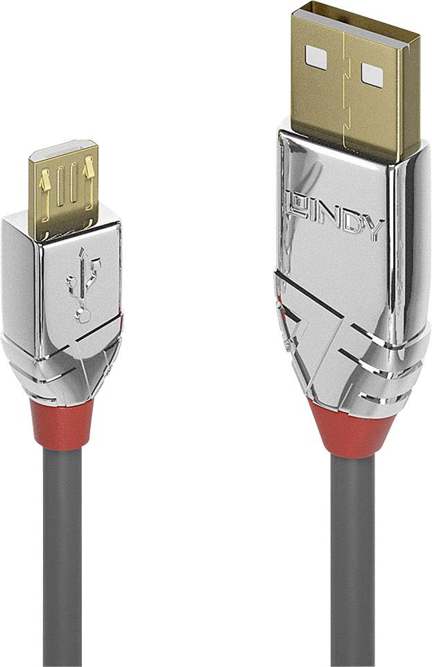 Un câble USB avec deux connecteurs : à gauche un connecteur Micro-USB et à droite un connecteur USB-A, tous deux dotés de boîtiers métalliques argentés.