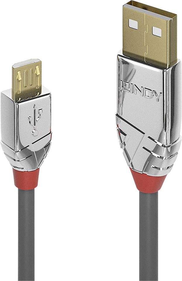 Câble USB vers Micro-USB avec connecteurs argentés et accents rouges, utilisé pour connecter des appareils électroniques.