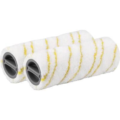 Deux rouleaux à peinture blancs avec des bandes jaunes, adaptés aux surfaces lisses, posés côte à côte sur une surface blanche.