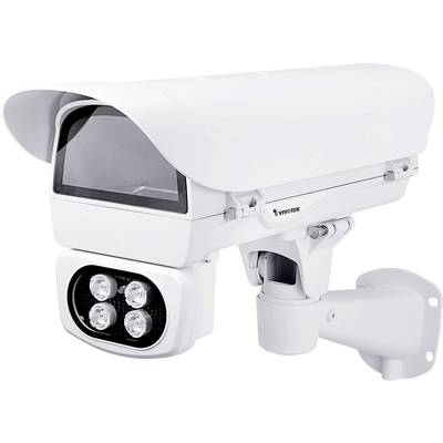 Caméra de surveillance avec des LED infrarouges visibles pour une meilleure vision nocturne, montée sur un support mural.