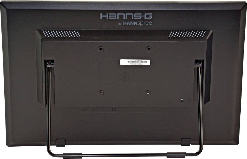 Un moniteur vu de dos, noir avec le nom de la marque en haut. Deux pieds de support et des fentes de ventilation visibles.