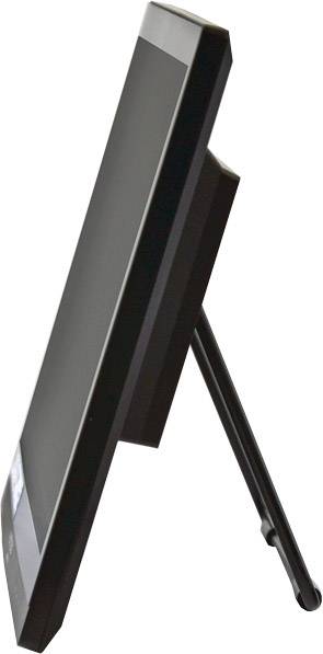 Vue latérale d'un cadre photo numérique noir en position verticale avec support de base. L'écran est éteint.