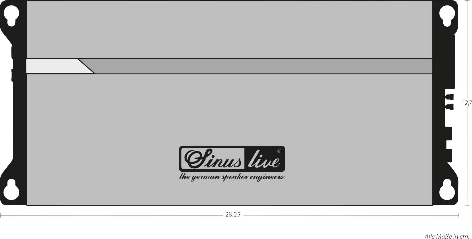 Un appareil rectangulaire gris portant le logo 'Sinus live' et le slogan 'the german speaker engineers'. Dimensions : 26,25 cm de large, 12 cm de hauteur.
