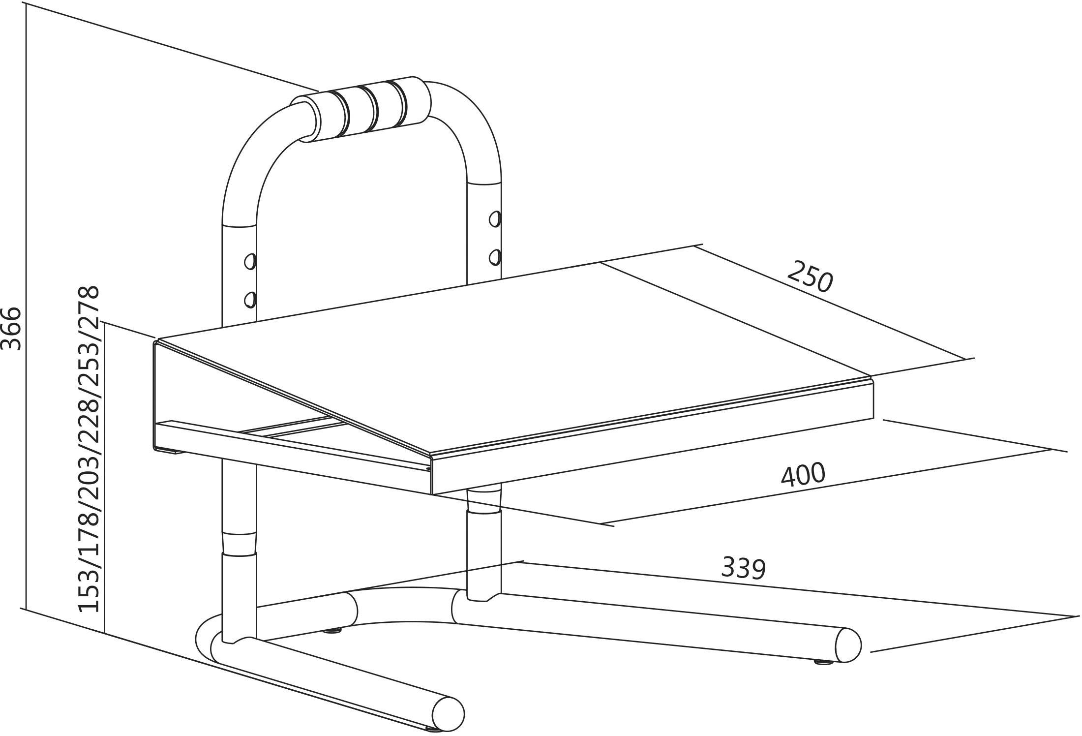 Esquisse d'une table de lit réglable avec dimensions : Hauteur 366 mm, Surface 400 x 250 mm, Hauteur des pieds réglable entre 153-278 mm.