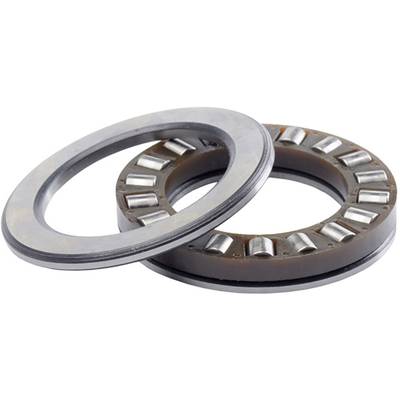 Deux roulements à rouleaux axiaux en métal avec des rouleaux cylindriques et un boîtier en plastique marron. 활