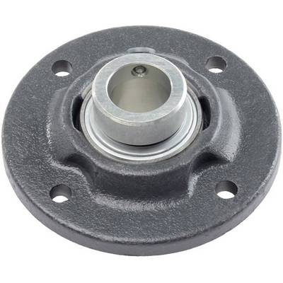 Boîtier de roulement circulaire en métal avec quatre trous de fixation et une ouverture cylindrique au centre, destiné à être fixé sur des surfaces planes.