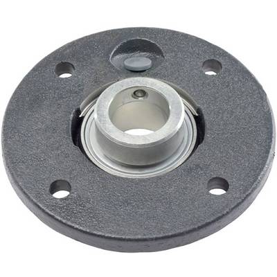 Bride ronde en métal avec quatre trous de fixation, adaptée pour la fixation sur des machines ou des murs. Palier central pour la reprise de rotation.