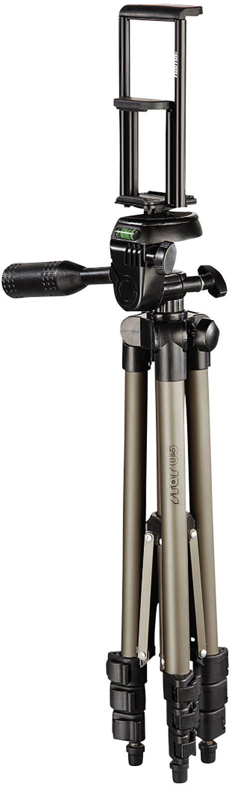 Un trépied noir avec des jambes réglables et un support de smartphone en haut. Idéal pour des prises de vue stables.