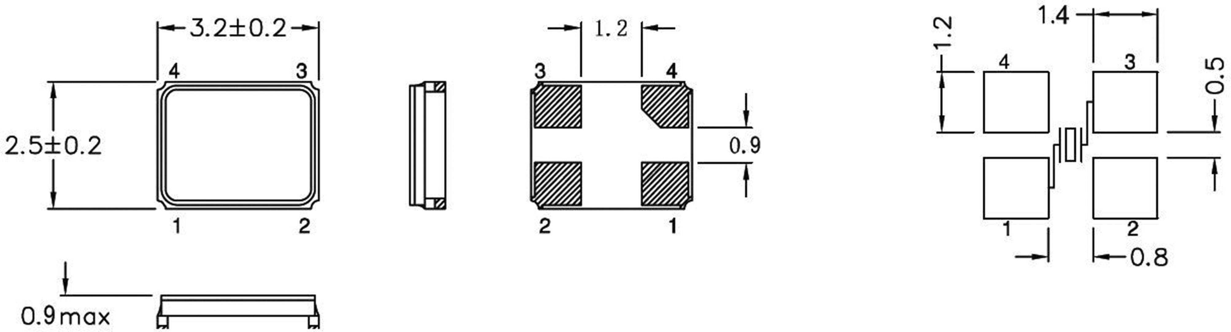 Schéma électrique d'un composant carré avec numérotation des broches de 1 à 4. Dimensions en millimètres.