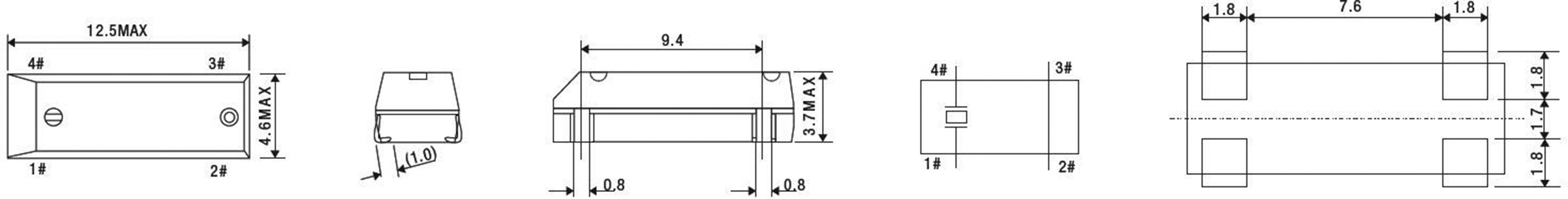 Dessin technique d'un composant rectangulaire avec plusieurs vues : vue de face, vue de côté et vue de dessus. Les dimensions sont indiquées.