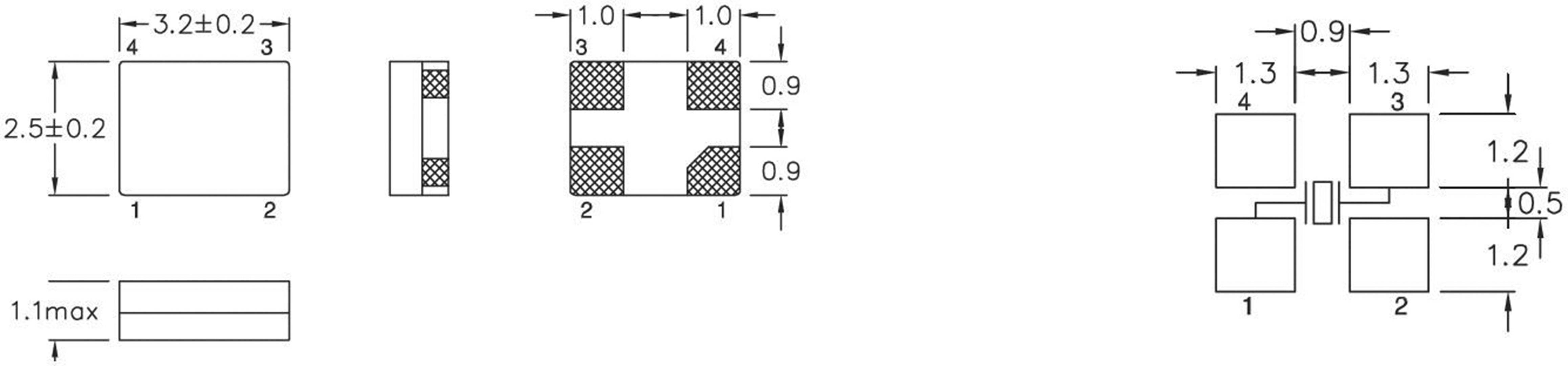 Dessin technique d'un composant électronique avec dimensions et configuration des surfaces de soudure. Dimensions exprimées en millimètres.