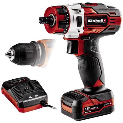 Ensemble de visseuse sans fil en rouge et noir avec chargeur et tête de forage supplémentaire. Batterie lithium-ion 12V au premier plan.