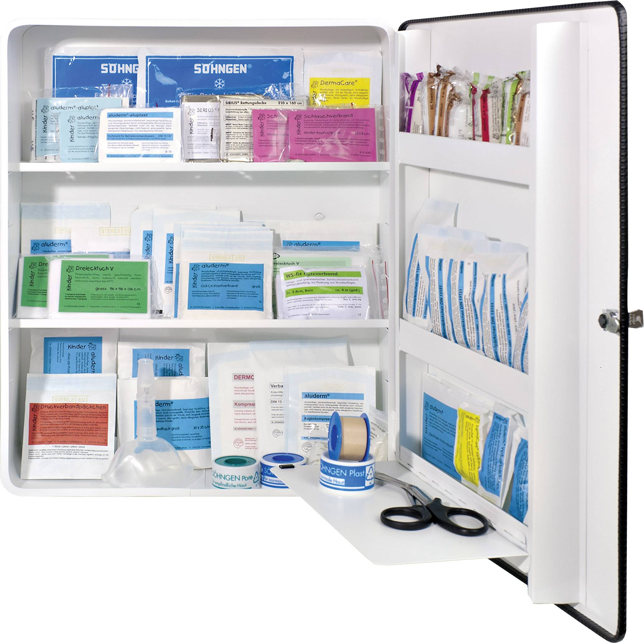 Trousse de premiers secours ouverte, montrant divers bandages, pansements et fournitures médicales triés dans des compartiments.