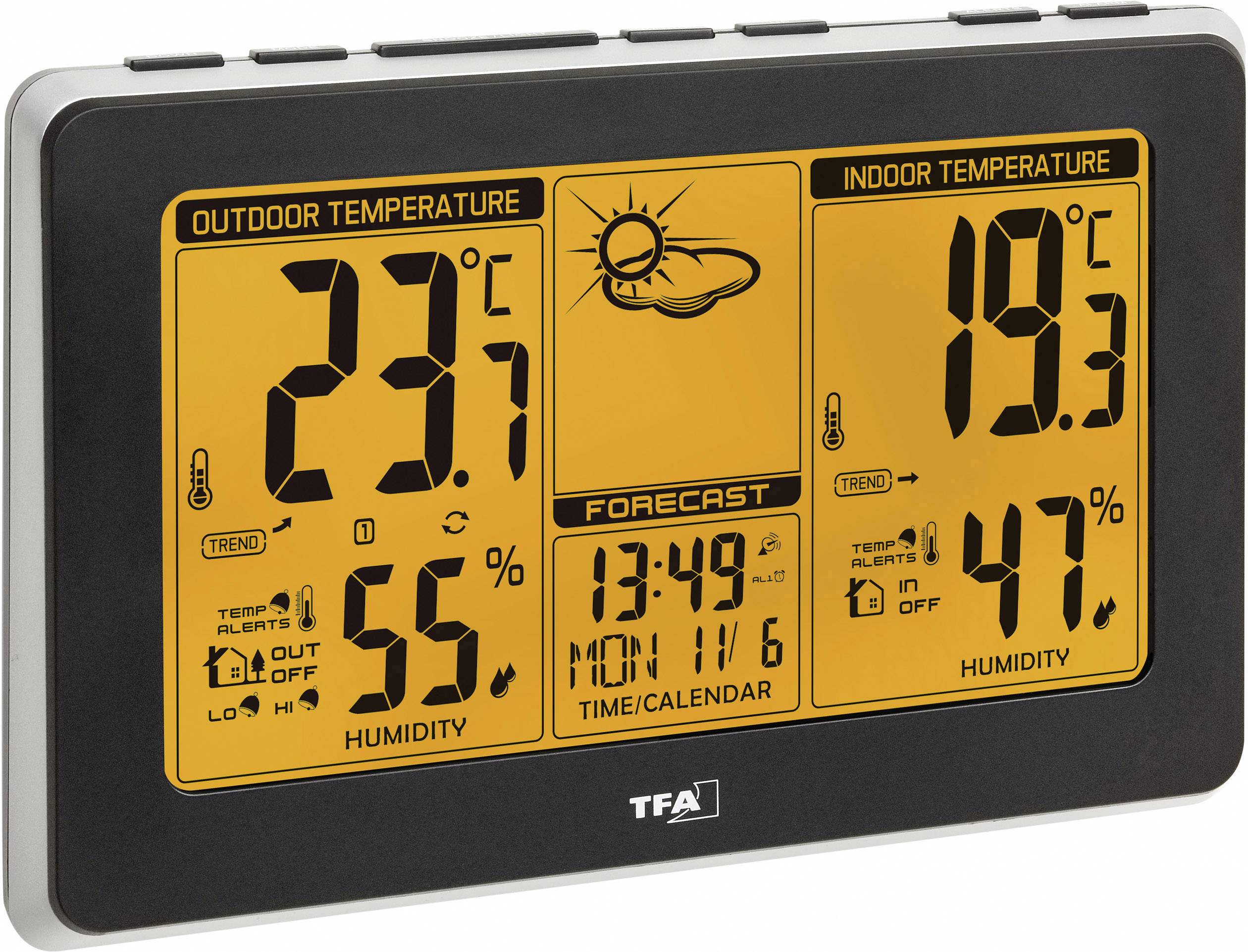 Station météorologique électronique affiche les informations suivantes : Température extérieure 23°C avec 55% d'humidité, température intérieure 19,3°C avec 47% d'humidité, heure 13:49, lundi.
